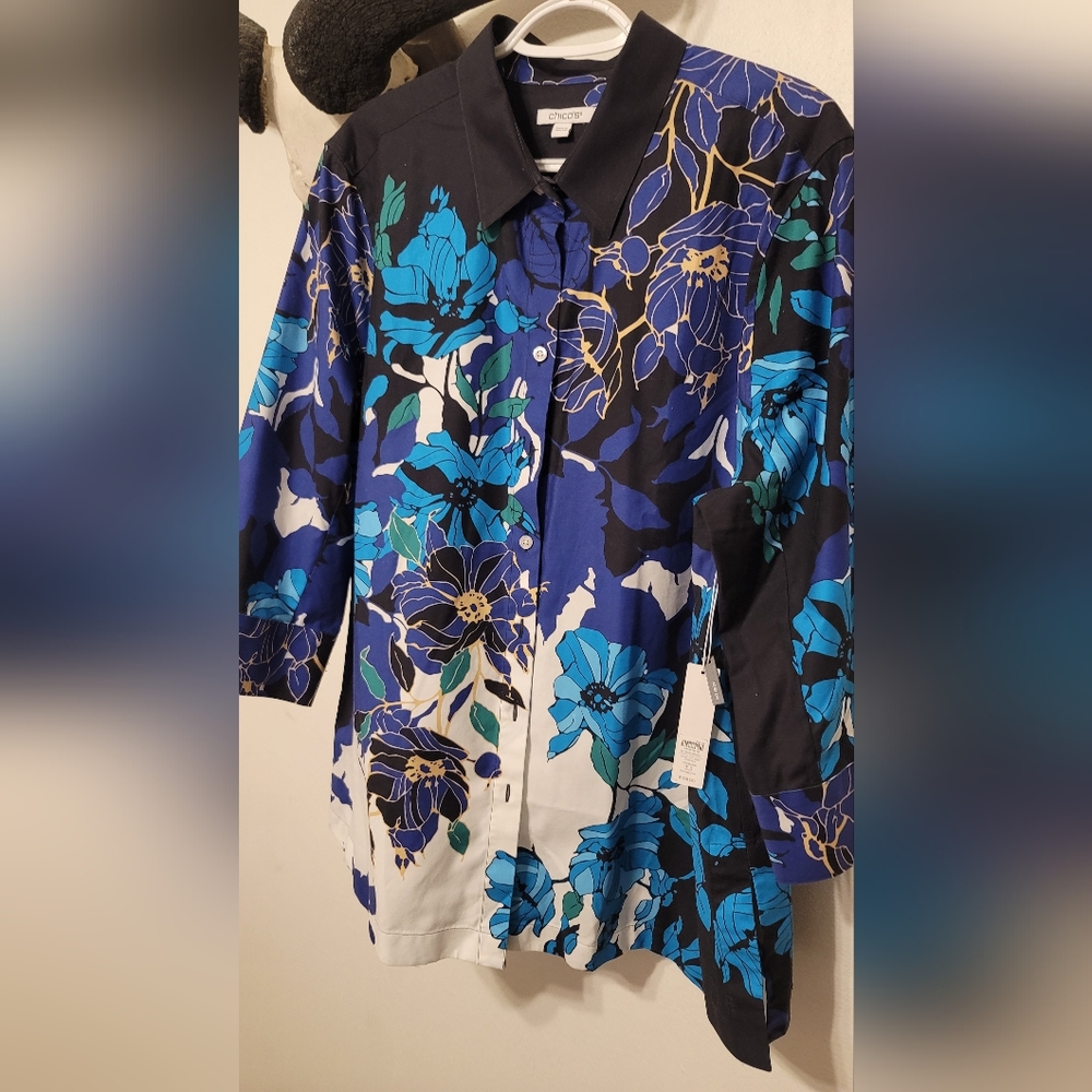 CHICO'S Women's Tunic Sz 3.5 NWT Blue/Black/Gold